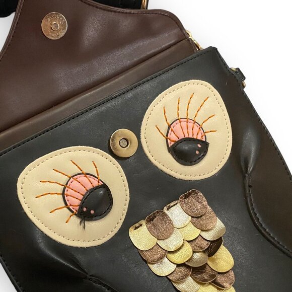 Owl Purse Cross Body Handbag Adjustable Strap Black & Brown Embellished - Picture 5 of 6
